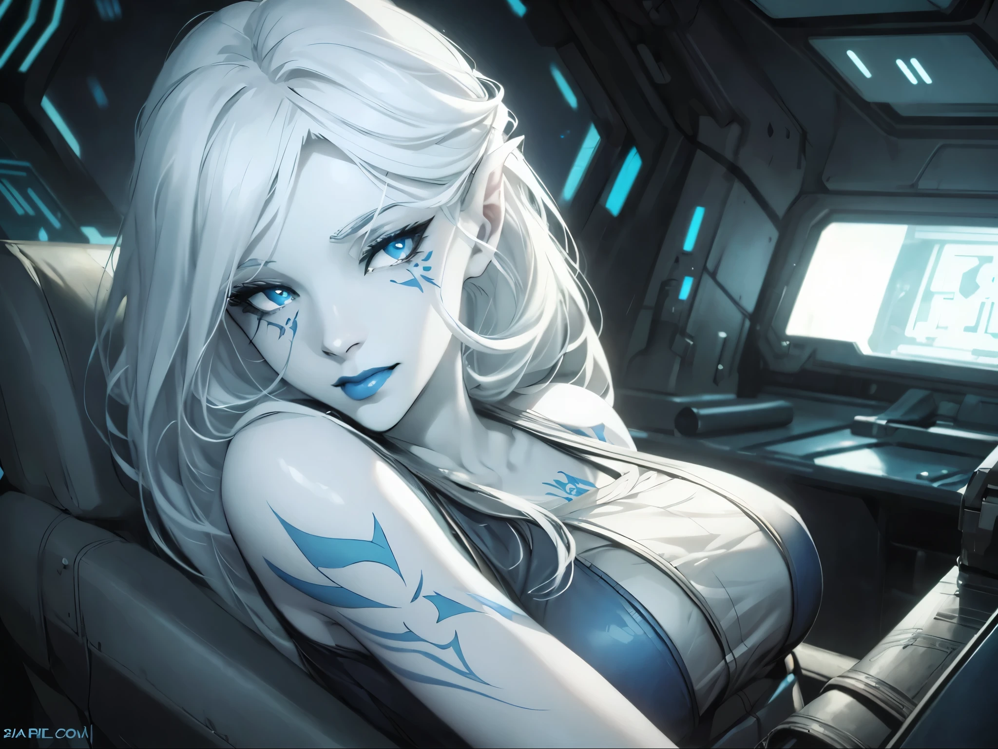 jarael, pale white skin, long white hair, ((blue lips)), medium breasts, cute smile, beautiful eyes, cheek tattoos, on a spaceship, star wars