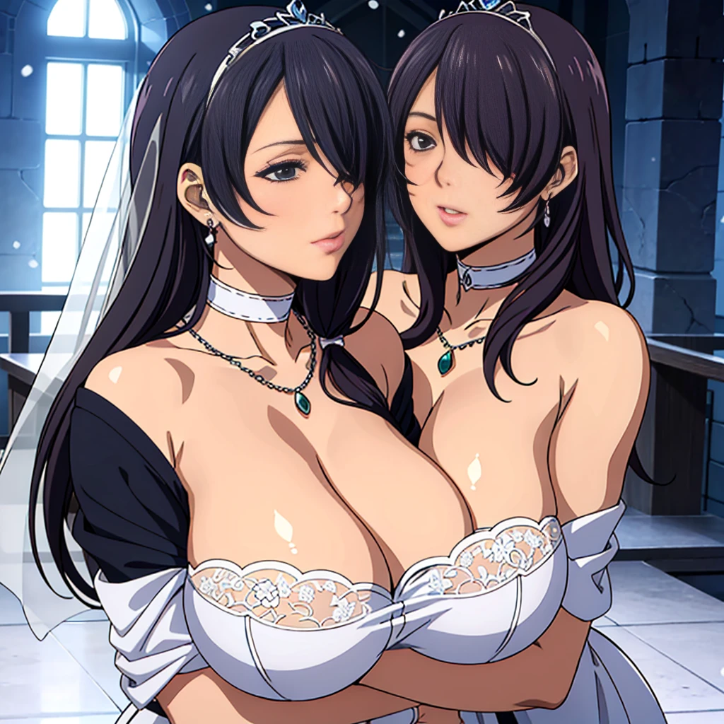 Off-the-shoulder white wedding dress, Snow White Veil, choker, silver tiara, necklace, earrings, church background, kanu unchou, anime cels style, best quality, high resolution, 1girl, (huge breasts:1.2), beautiful face, black hair, long hair, ((hair over one eye)), closed eye, puckered up lips, want to kiss