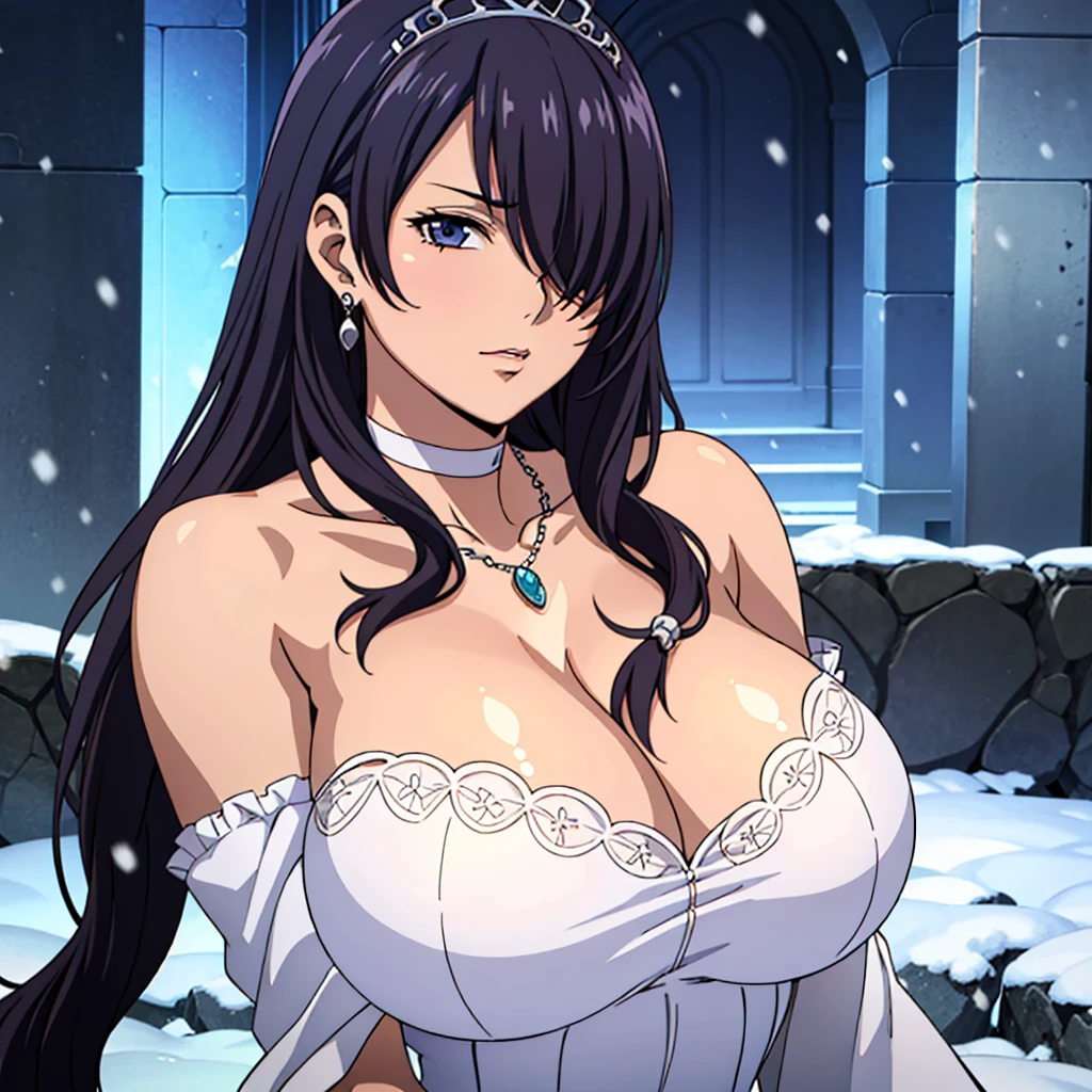 Off-the-shoulder white wedding dress, Snow White Veil, choker, silver tiara, necklace, earrings, church background, kanu unchou, anime cels style, best quality, high resolution, 1girl, (huge breasts:1.2), beautiful face, black hair, long hair, ((hair over one eye)), closed eye, puckered up lips, want to kiss