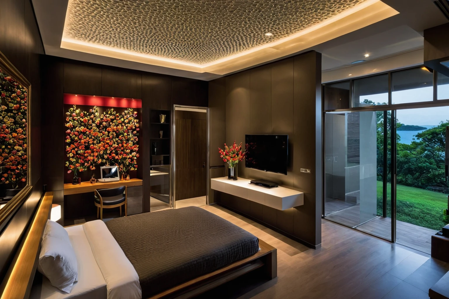 masterpiece , best quality, BEDROOM , indoors, window, chair, table, scenery, ceiling, , floor, monitor, keyboard, book, flower,dramatic lighting, panel, sofa, screen, lamp, vent,