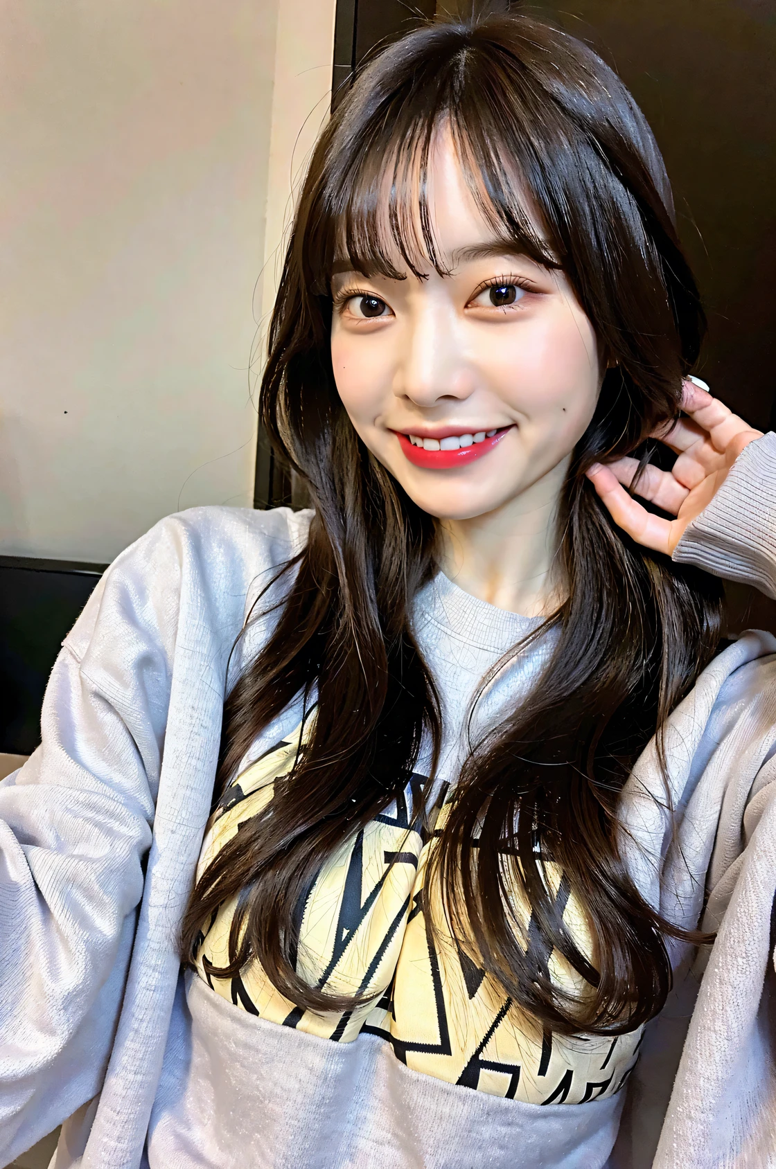 (Raw photo, highest quality), (8K, highest quality, masterpiece: 1.2), Super detailed, super resolution, 1 beautiful woman, 28 years old, laughing, Perm Hair, Sweatshirt,