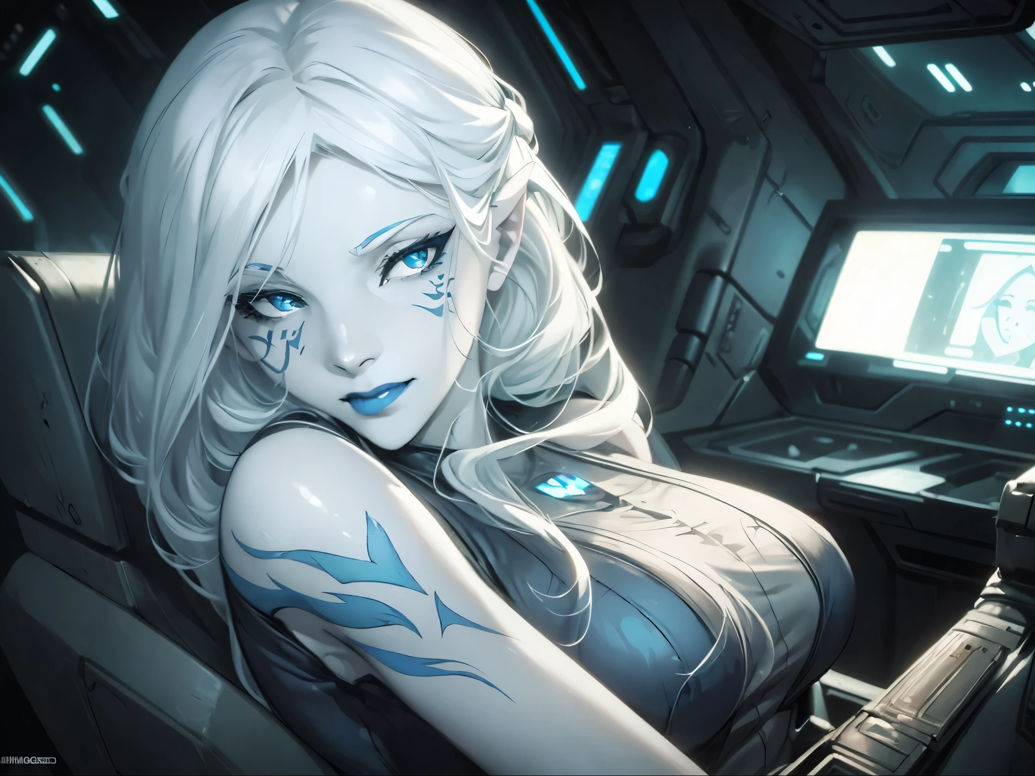 jarael, pale white skin, long white hair, ((blue lips)), medium breasts, cute smile, beautiful eyes, cheek tattoos, on a spaceship, star wars