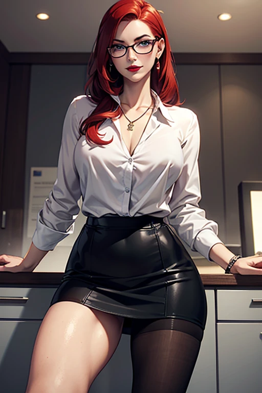 Tall, slender ((redhead)) woman of Irish descent. (pale:1.3)complexion. blue eyes, cute butt, nice legs. Kind eyes, mischievous smile. Eyeglasses, Mascara, red lipstick, necklace, black pencil skirt, white blouse, black pantyhose, stiletto heels. Lawyer, in office. Aroused, flirtatiously lifts her skirt.