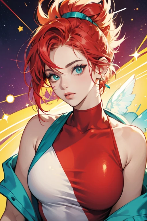 Hypertchi has a light red body and a large head. HER hair sticks up, similar to a mohawk, and is colored red, blue, and yellow. SHe has oval shaped eyes with teal irises and hER lips are puckered out. SHe also wears a teal singlet with a yellow neckline. SPARKLE; GLITTER