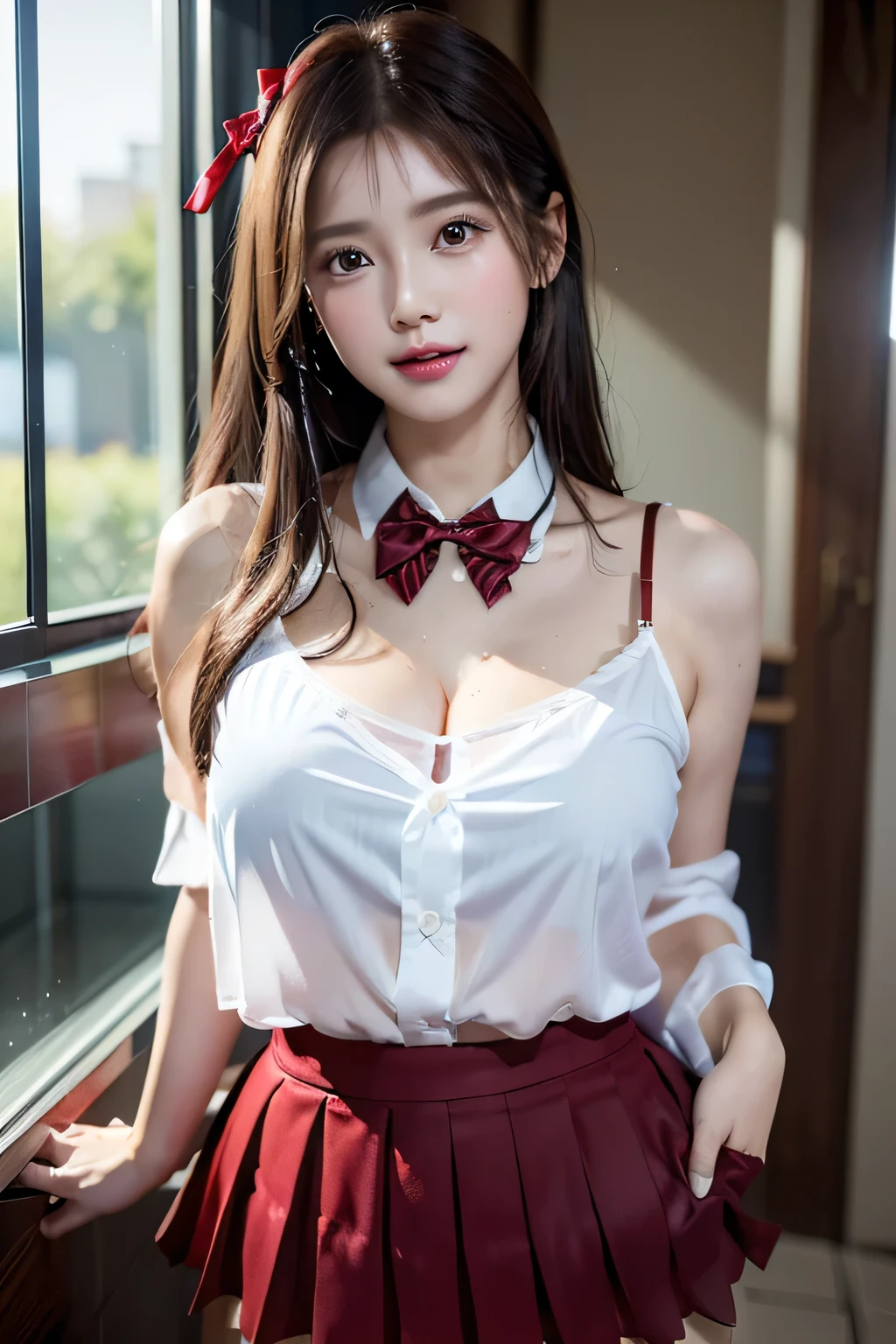 (1ung girl), Brown hair, Amazing face and eyes, Pink eyes, enchanting smile, (Maid cafe costume with frills, Pleated mini-skirt:1.5), (Maid cafe costume with wide open breasts:1.2), (Beautiful big breasts:1.3), bared chest, (amazingly beautiful girl), Brown hair, stylish hair ornament, (Best Quality:1.4), (Ultra-detailed), (extremely detailed CG unified 8k wallpaper), Highly detailed, High-definition raw color photos, Professional Photography, sitting, sofa, (spread legs wide open), (no panties:1.5), (((Bokeh))), depth of fields, (View from below),