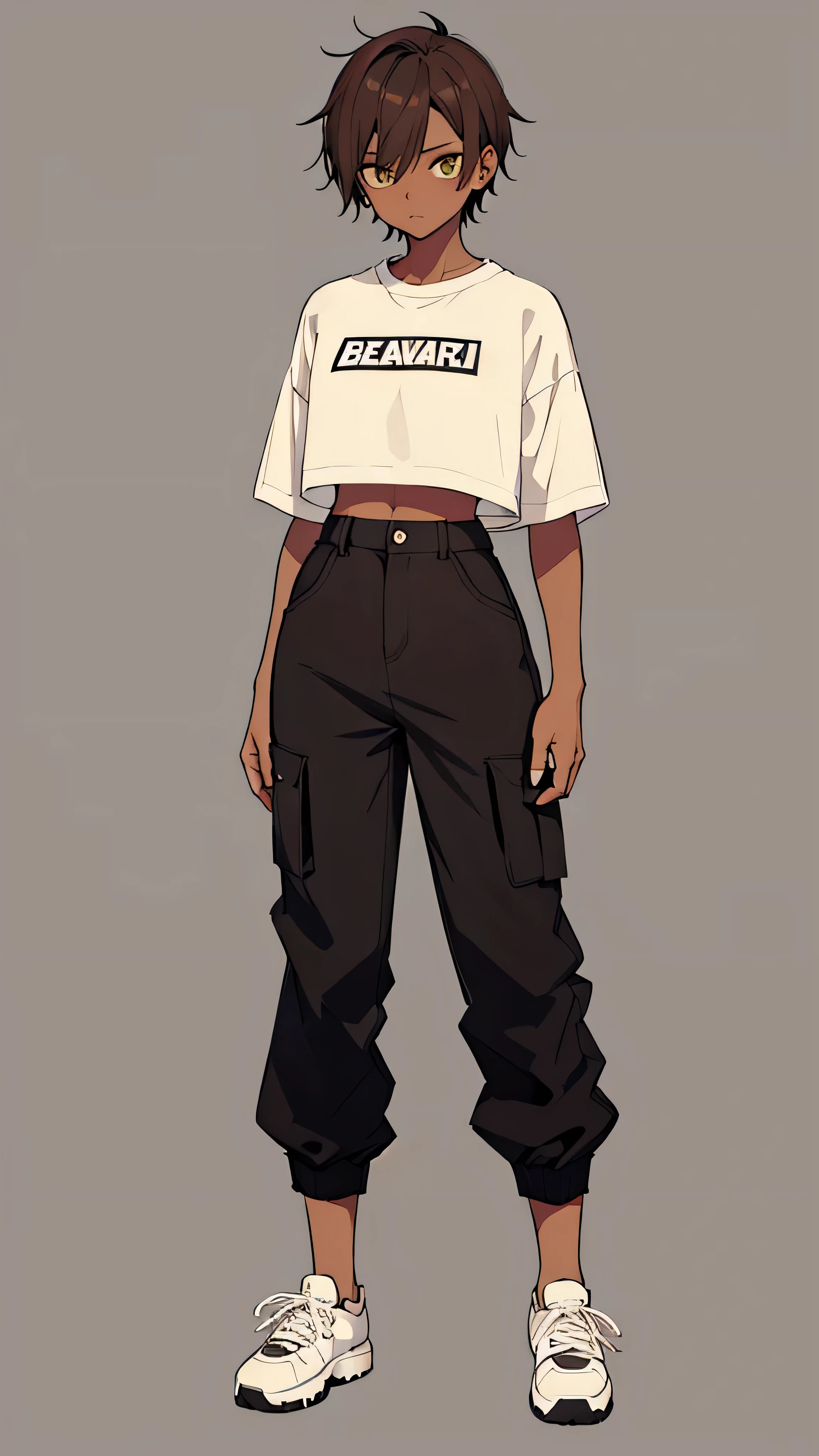 Brazilian girl, really short hair, tall, tomboy, dark-skinned, brown hair, grunge aesthetic, dark aesthetic, white crop-top, high-waisted pants, beige sneakers, stern, jujutsu kaisen, toned
