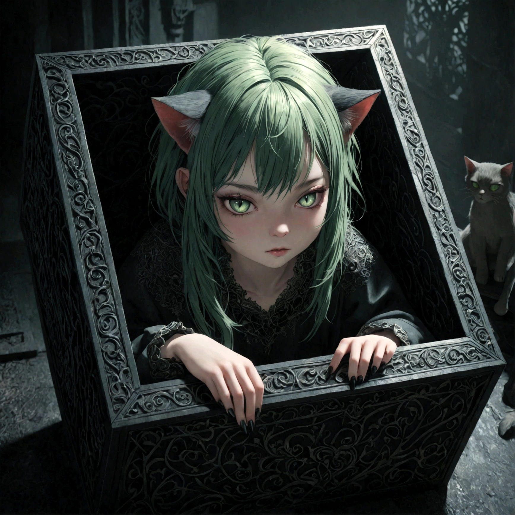 a cute sleepy cat girl with green hair, demonic aesthetics, sitting in a demonic looking box, extremely detailed face and eyes, detailed intricate hair, intricate demonic design, dark fantasy, dramatic lighting, moody colors, cinematic composition, photorealistic, 8k, high quality, masterpiece