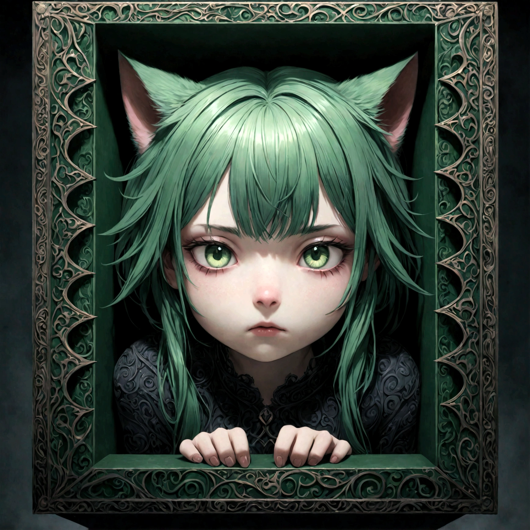 a cute sleepy cat girl with green hair, demonic aesthetics, sitting in a demonic looking box, extremely detailed face and eyes, detailed intricate hair, intricate demonic design, dark fantasy, dramatic lighting, moody colors, cinematic composition, photorealistic, 8k, high quality, masterpiece