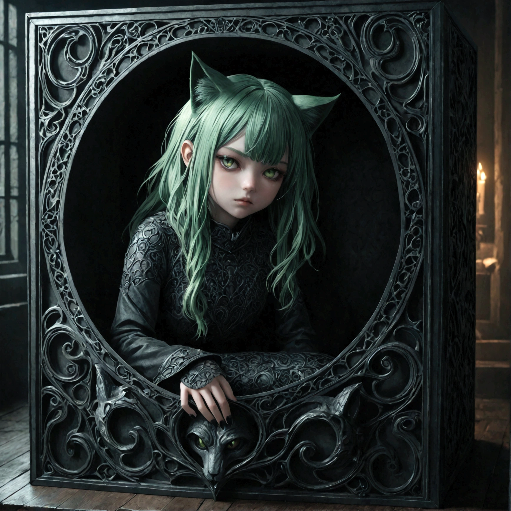 a cute sleepy cat girl with green hair, demonic aesthetics, sitting in a demonic looking box, extremely detailed face and eyes, detailed intricate hair, intricate demonic design, dark fantasy, dramatic lighting, moody colors, cinematic composition, photorealistic, 8k, high quality, masterpiece
