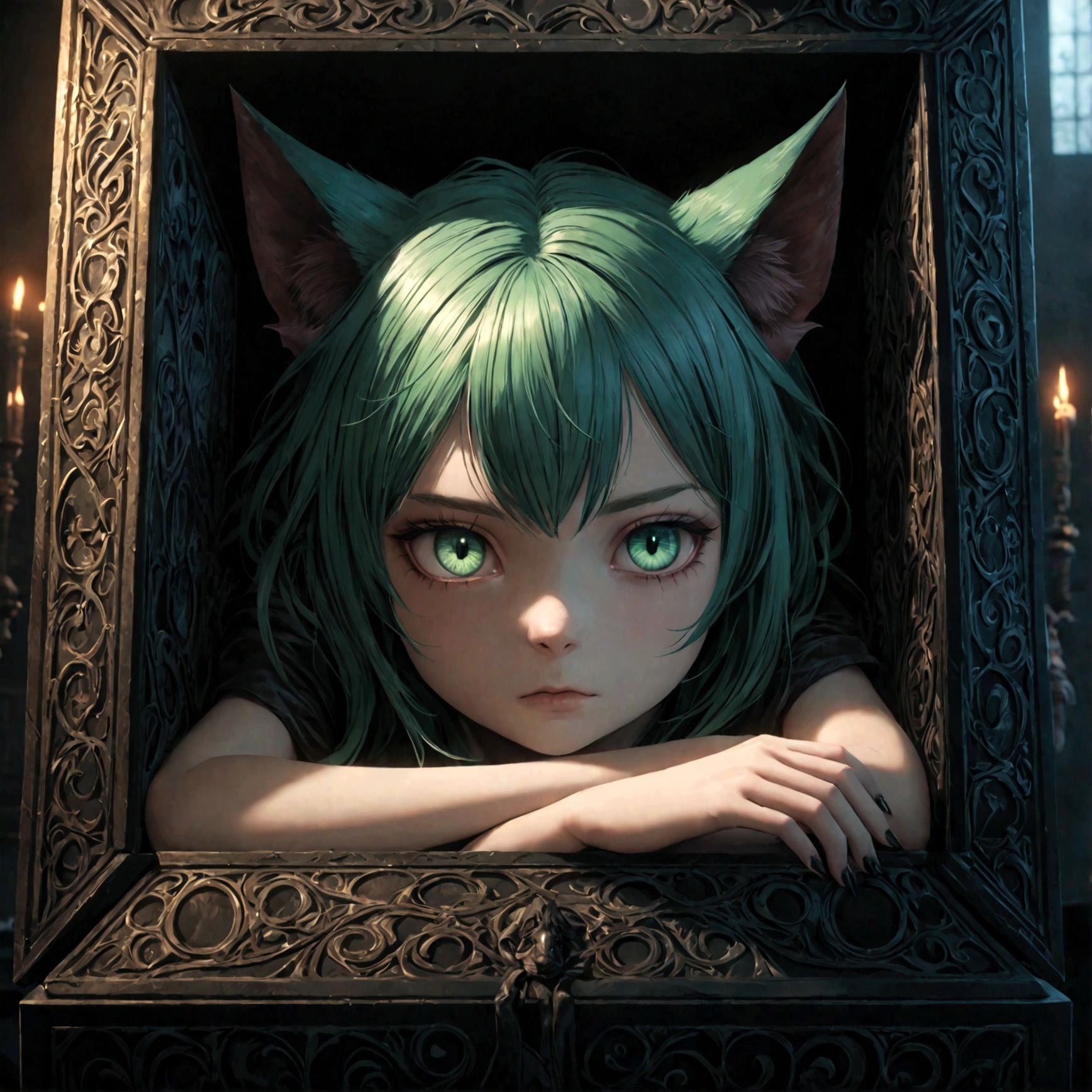 a cute sleepy cat girl with green hair, demonic aesthetics, sitting in a demonic looking box, extremely detailed face and eyes, detailed intricate hair, intricate demonic design, dark fantasy, dramatic lighting, moody colors, cinematic composition, photorealistic, 8k, high quality, masterpiece