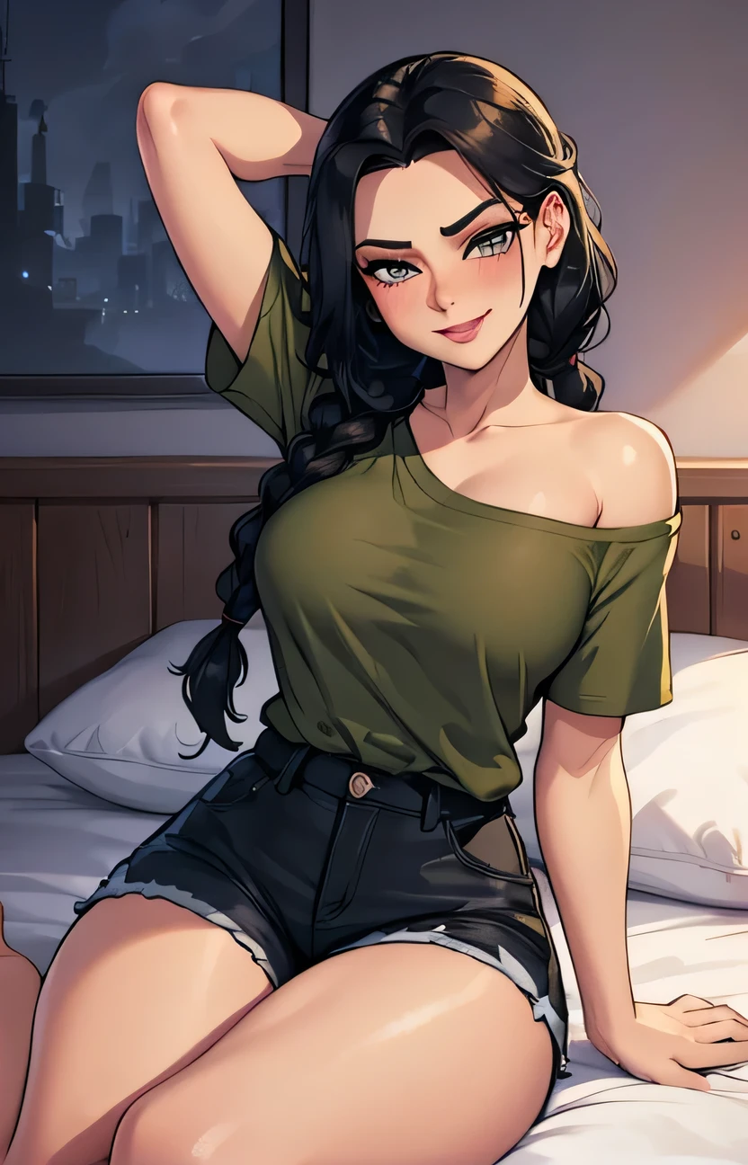 Amazing portrait of a sexy woman with her black hair in a single braid having a long forehead with seductive eyes and her lips parted smiling with the deepest blush wearing an off shoulder olive green t shirt and blue short shorts lying on the bed being very seductive and aroused