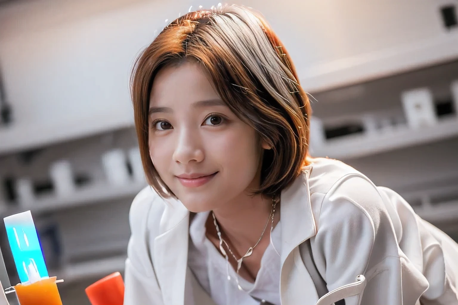 (An 18-year-old woman conducting an experiment in a university laboratory:1.5)、(Gentle smile:1.2)、(The best quality at its best:1.4), (Super detailed), (Very detailed CG unified 16k), Beautiful woman with perfect figure: 1.4, Sharp focus: 1.2, Very detailed, High-quality RAW color photos, Professional photography, Great face and eyes, cosmetics, (Amazingly beautiful girl), ((White Lab Coat、White blouse、Grey flared skirt:1.5)), Sexy posture,(View from below), Realistic movie faces, Full body long view from head to toe, Realistic, ((Realistic natural orange red hairstyle)), ( Short Bob Hair:1.5), (necklace:1.5)、, Very beautiful face, Perfect model beauty, Mouth swelling, Highly detailed face and skin texture, Fine grain, double eyelid, Medium chest, smile, (masterpiece), highest quality, High resolution, Very detailed, Blurred Background, Depth of written boundary, Cinema Lighting, Great legs, , Clear, well-maintained skin,
