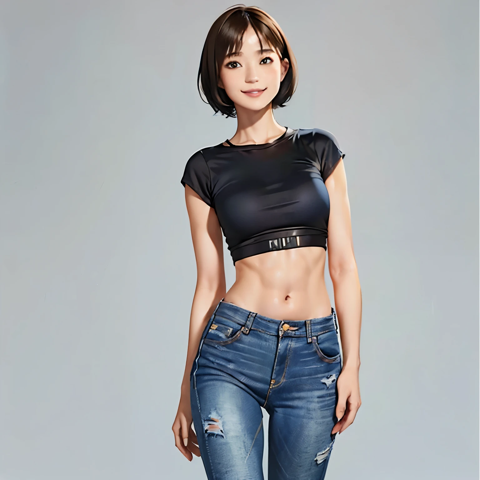 237 20-year-old female, short hair, (Jeans andT-shirt), A kind smile, lipstick, Abdominal muscles, (Battlefield Warriors)