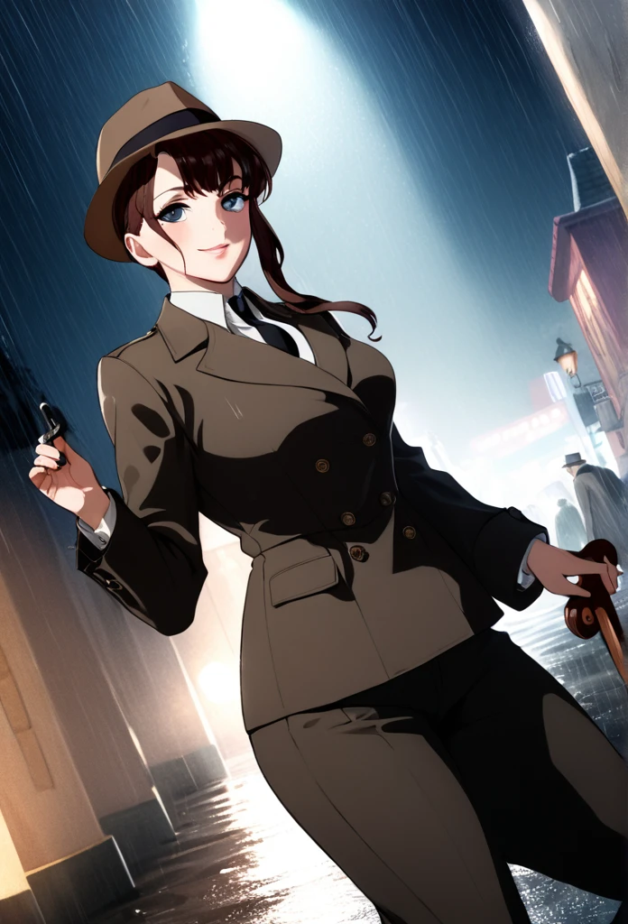 detailed illustration (side view),dynamic angle,ultra-detailed, illustration, pose for the camera, smiling at viewer, clean line art, shading, anime, 2020’s anime style, detailed eyes, detailed face, beautiful face standing on a sidewalk,

Noir Detective, trench coat, fedora hat, Johnny dollar inspired, Philip Marlow inspired, 1940’s, ,Noir, beautiful woman, in pants suit, in a open trench coat, night, rain, brown hair, hard boiled, female fatale vibes, noir, deep in thought. Gumshoe, private eye,