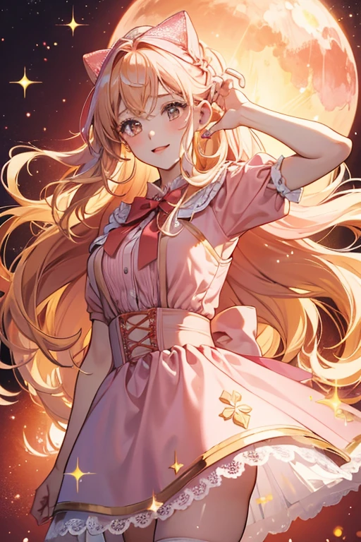  girl with peach-colored skin, pink cheeks, long blonde hair, and brown eyes. She wears a pink dress and stockings, and a large red bow on her head. SPARKLE; GLITTER
