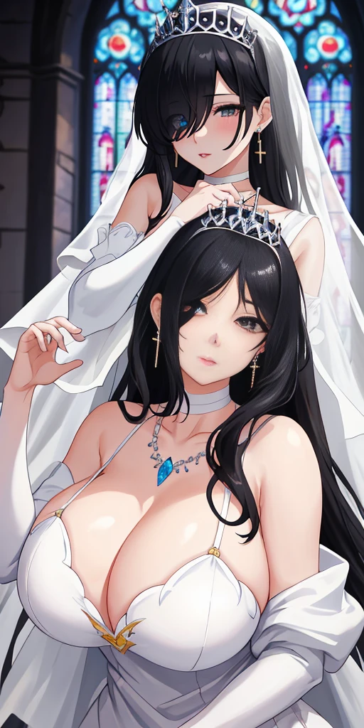 Off-the-shoulder white wedding dress, Snow White Veil, choker, silver tiara, necklace, earrings, church background, kanu unchou, anime cels style, best quality, high resolution, 1girl, (huge breasts:1.2), beautiful face, black hair, long hair, ((hair over one eye)), closed eye, puckered up lips, want to kiss