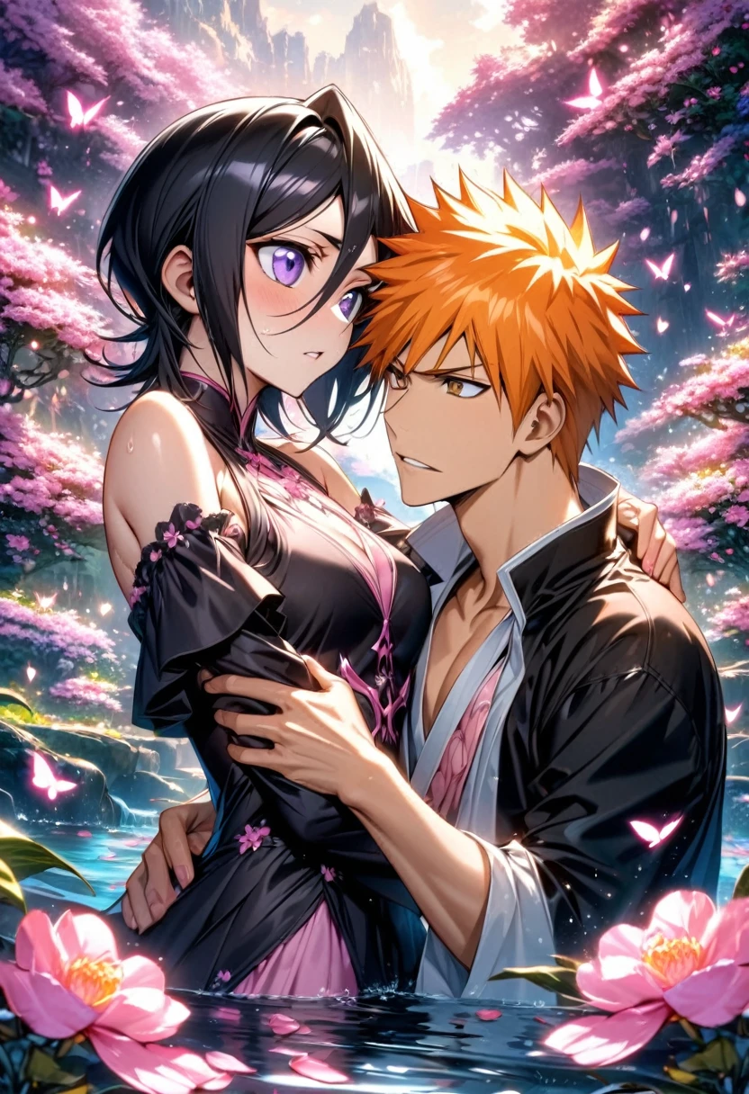 absurdres, highres, ultra detailed, HDR, master piece, best quality, Kurosaki Ichigo, orange hair, expressive brown eyes, Bleach, Kuchiki Rukia, black hair, expressive purple eyes, handsome man together with a beautiful woman, couple, black clothes, magical, fantasy, shining, water, pink flowers, blossoms, pink butterflies, pink petals