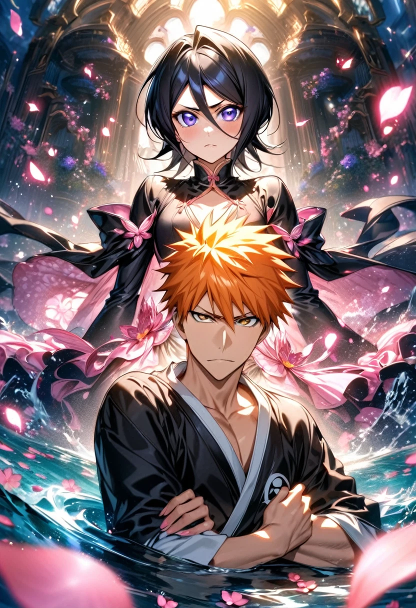 absurdres, highres, ultra detailed, HDR, master piece, best quality, Kurosaki Ichigo, orange hair, expressive brown eyes, Bleach, Kuchiki Rukia, black hair, expressive purple eyes, handsome man together with a beautiful woman, couple, black clothes, magical, fantasy, shining, water, pink flowers, blossoms, pink butterflies, pink petals
