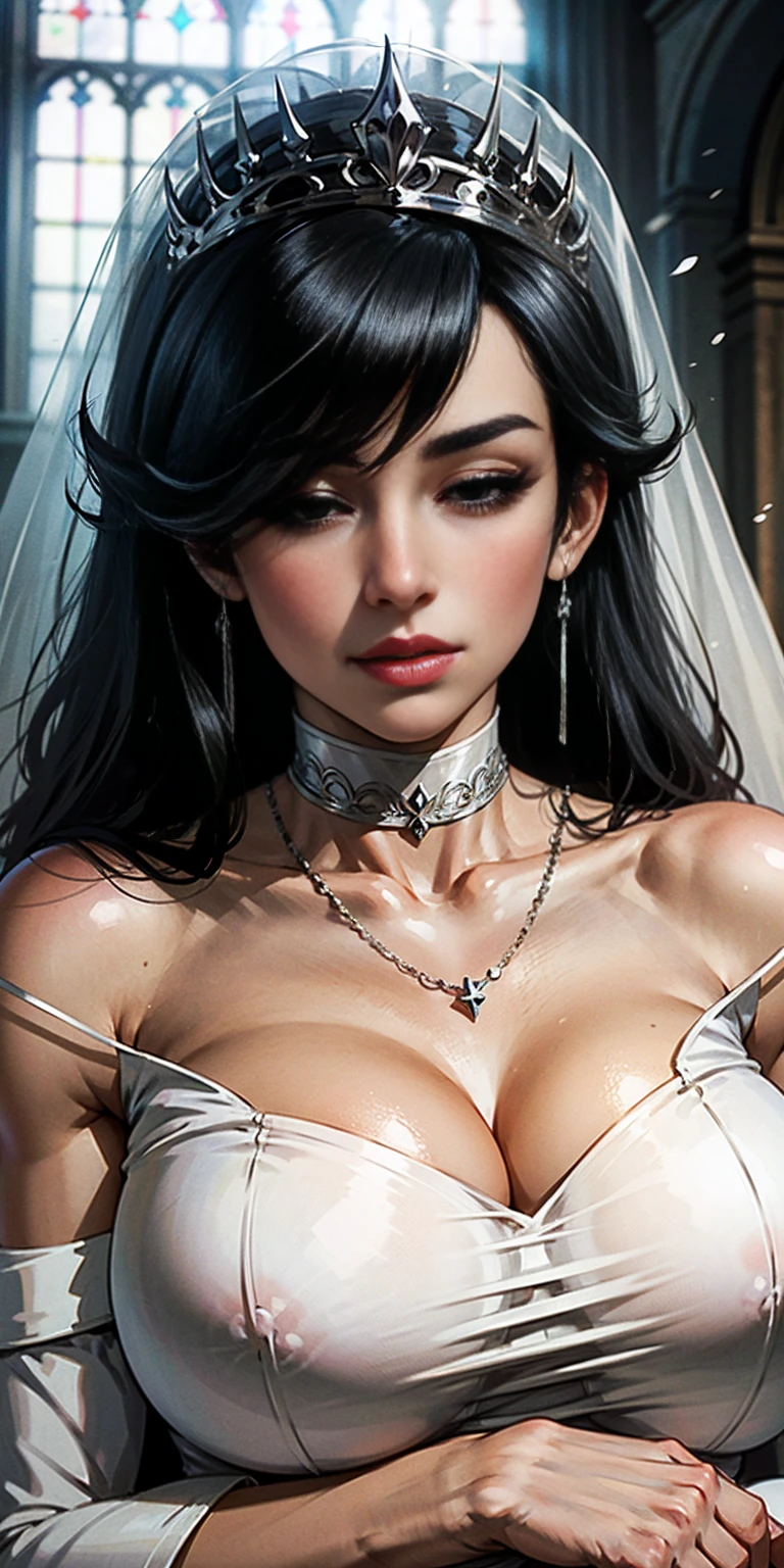 Off-the-shoulder white wedding dress, Snow White Veil, choker, silver tiara, necklace, earrings, church background, kanu unchou, anime cels style, best quality, high resolution, 1girl, (huge breasts:1.2), beautiful face, black hair, long hair, ((hair over one eye)), closed eye, puckered up lips, want to kiss