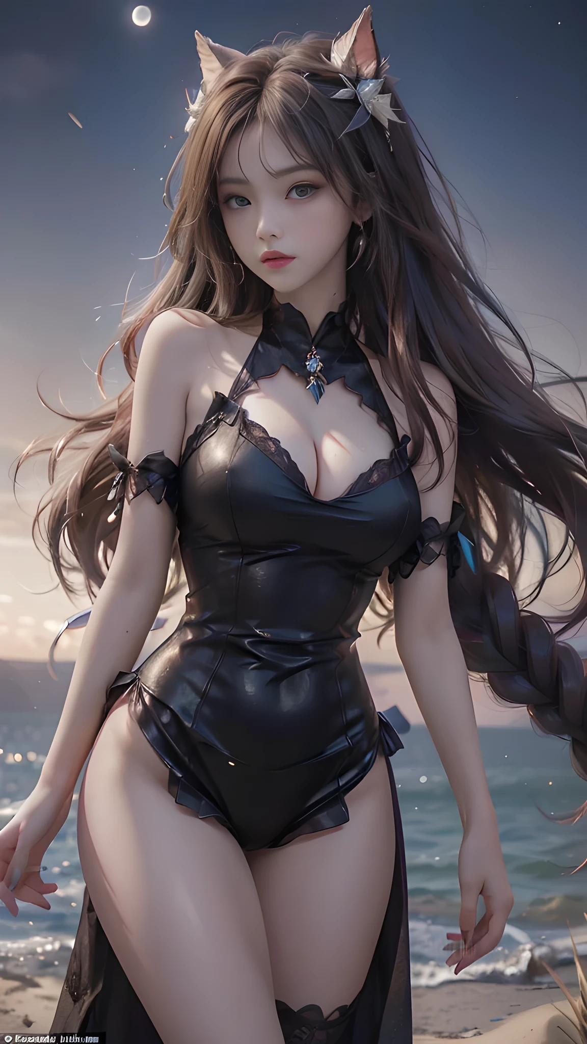 full hd 8k, Girl standing in front of a dark night scene, full moonlight reflecting on her beautiful face. Her long, silky hair was gently blown by the night wind, creating a gentle and romantic feeling. She is walking on a large beach. She looked up at the starry sky, as if searching for something, her eyes showing a pensive and lonely look. The full moon shines in the night sky creating a beautiful scene. The girl has long, silky hair, creating a luxurious and noble beauty. The moonlight shines on the girl's delicate face, highlighting her large, round light brown eyes, creating a natural, gentle beauty. She wore a little sexly red dress to create a ???? beauty. Her plumble ??????? were exposed, revealing her plumble and extremely ???? ???????. These images capture detailed panoramic portraits and views of the sky and sea. All create a beautiful, wonderful picture that makes people unable to take their eyes off the scene. All of these details are depicted clearly and sharply, creating sexyly poses,
