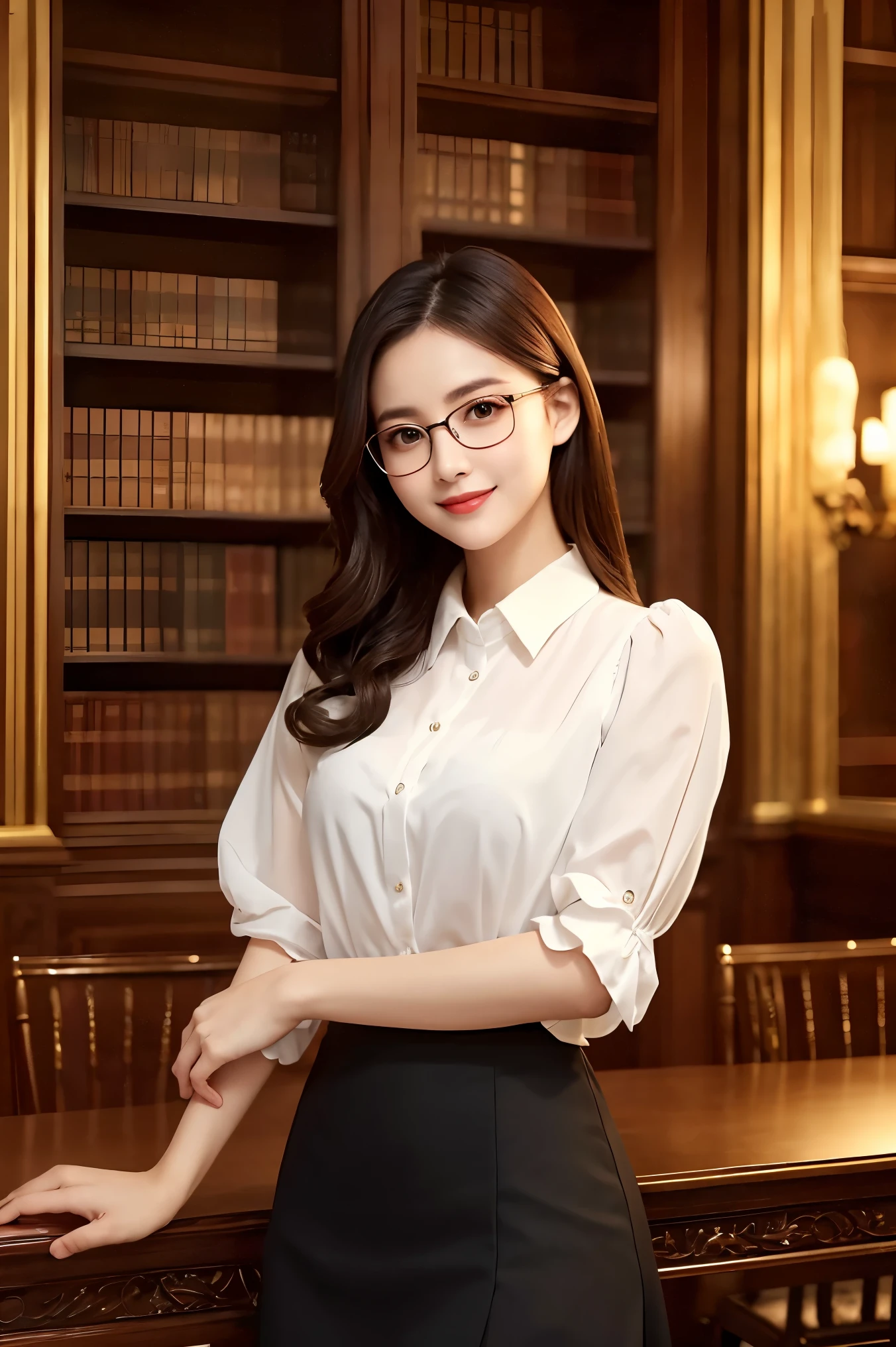 (highest quality、masterpiece、Ultra-high resolution、8k、Award-winning works)、1 female、(Elegant black-rimmed glasses:1.1)、The most practical and natural interior decoration、The most practical and natural interior、Stand in a graceful pose、Perfect Face、Detailed and accurate face、The most elegant white formal blouse、The most elegant black tight skirt、Very atmospheric, romantic and warm lighting、Very elegant and beautiful lighting、Great cinema lighting、Portrait Style、Elegant antique interior, Wall-to-wall bookshelves, Elegant Gothic Library、 Majestic Library、Cinematic、Accentuate your body lines、thin、Perfect Anatomy、A sweet smile stares at me、A beautiful and kind smile、Classy makeup、Elegant hairstyle