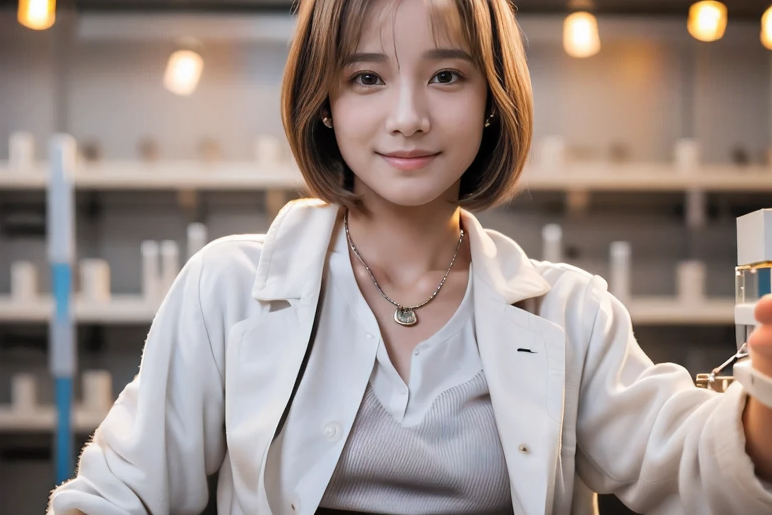 (An 18-year-old woman conducting an experiment in a university laboratory:1.5)、(Gentle smile:1.2)、(The best quality at its best:1.4), (Super detailed), (Very detailed CG unified 16k), Beautiful woman with perfect figure: 1.4, Sharp focus: 1.2, Very detailed, High-quality RAW color photos, Professional photography, Great face and eyes, cosmetics, (Amazingly beautiful girl), ((White Lab Coat、White blouse、Grey flared skirt:1.5)), Sexy posture,(View from below), Realistic movie faces, Full body long view from head to toe, Realistic, ((Realistic natural orange red hairstyle)), ( Short Bob Hair:1.5), (necklace:1.5)、, Very beautiful face, Perfect model beauty, Mouth swelling, Highly detailed face and skin texture, Fine grain, double eyelid, Medium chest, smile, (masterpiece), highest quality, High resolution, Very detailed, Blurred Background, Depth of written boundary, Cinema Lighting, Great legs, , Clear, well-maintained skin,