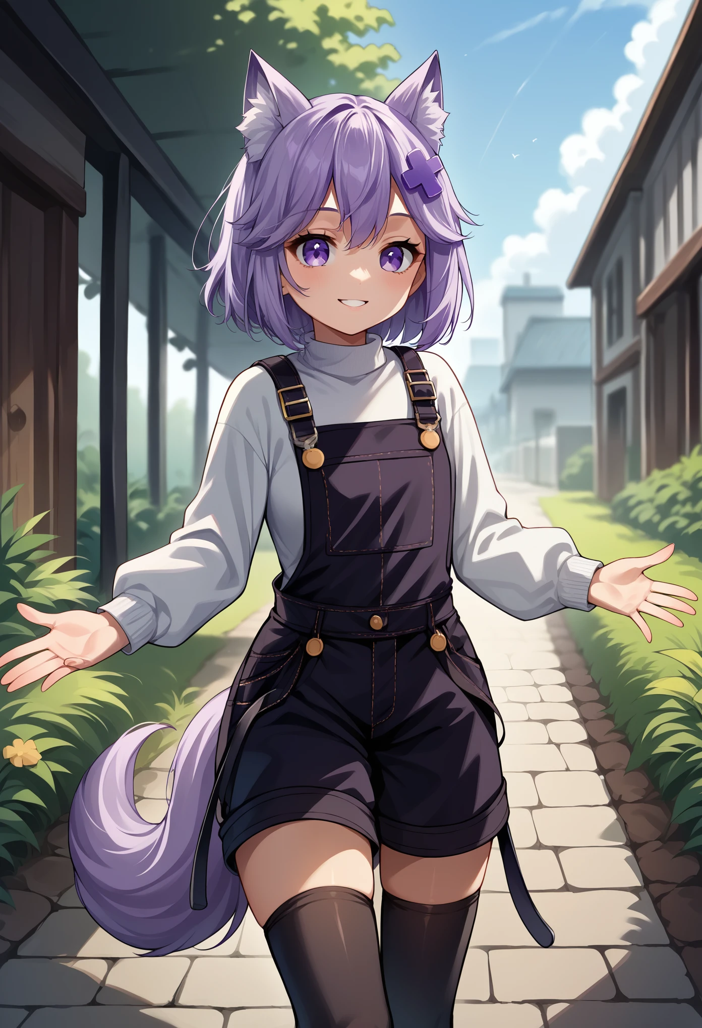 score_9, score_8_up, source_anime, 1girl, solo, FilianOverall, tail, short hair, purple hair ornament, overalls, white sweater, black thighhighs, outdoors, spread arms, smile,