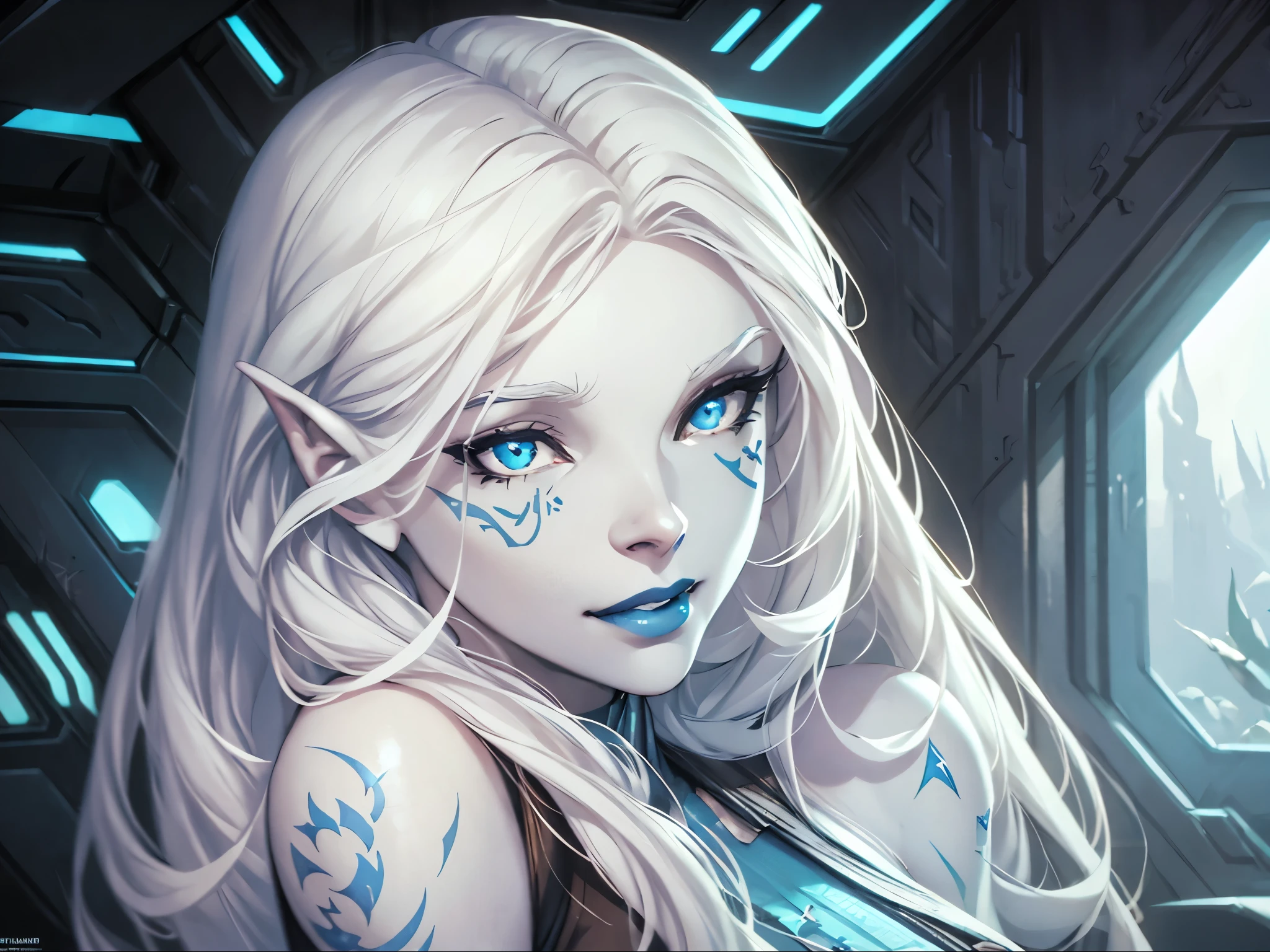 jarael, pale white skin, long white hair, ((blue lips)), medium breasts, cute smile, beautiful detailed eyes, cheek tattoos, on a spaceship, star wars, cinematic lighting, epic, highly detailed, 8k, photorealistic, hyper realistic, dramatic, sci-fi, fantasy art