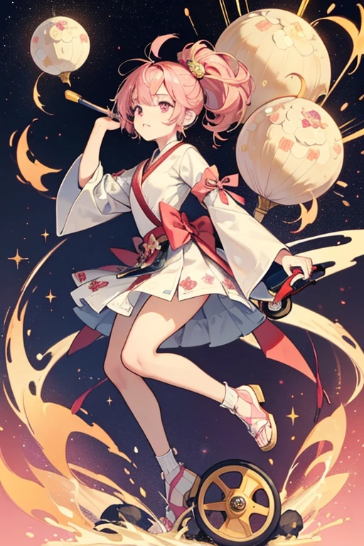 Ichirinshatchi has a  beige body. SHe has five different colored balls on top of hER head, shaggy bangs on hER forehead, and three pink stars on hER left side. HER eyes are small and round with brown irises. SHe stands on top of a red unicycle. SPARKLE; GLITTER