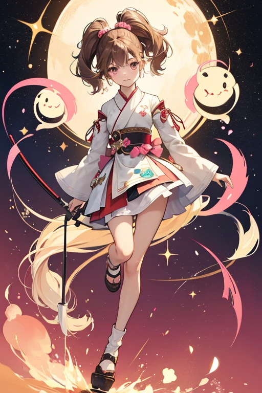 Ichirinshatchi has a beige body. SHe has five different colored balls on top of hER head, shaggy bangs on hER forehead, and three pink stars on hER left side. HER eyes are small and round with brown irises. SHe stands on top of a red unicycle. SPARKLE; GLITTER
