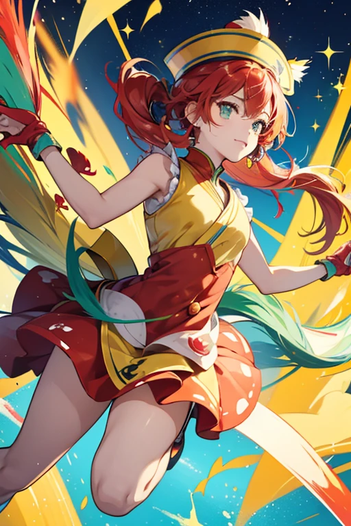 Ikeiketchi has a yellow body with arms and legs. She wears a blue, yellow, red, and green striped hat with a red flower that has two nubs on top, covering her ears. She has two bushy tails of hair and her eyes have a sparkle shaped iris. Ikeiketchi also wears a red dress with paint splatters and matching red shoes. SPARKLE; GLITTER