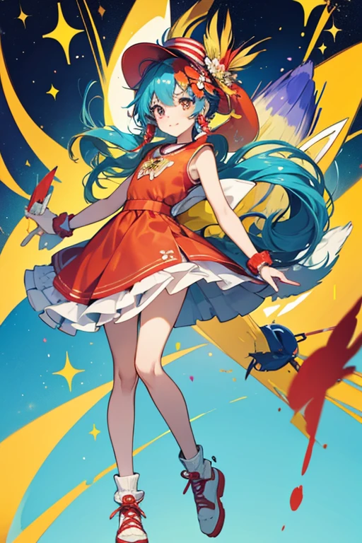 Ikeiketchi has a yellow body with arms and legs. She wears a blue, yellow, red, and green striped hat with a red flower that has two nubs on top, covering her ears. She has two bushy tails of hair and her eyes have a sparkle shaped iris. Ikeiketchi also wears a red dress with paint splatters and matching red shoes. SPARKLE; GLITTER