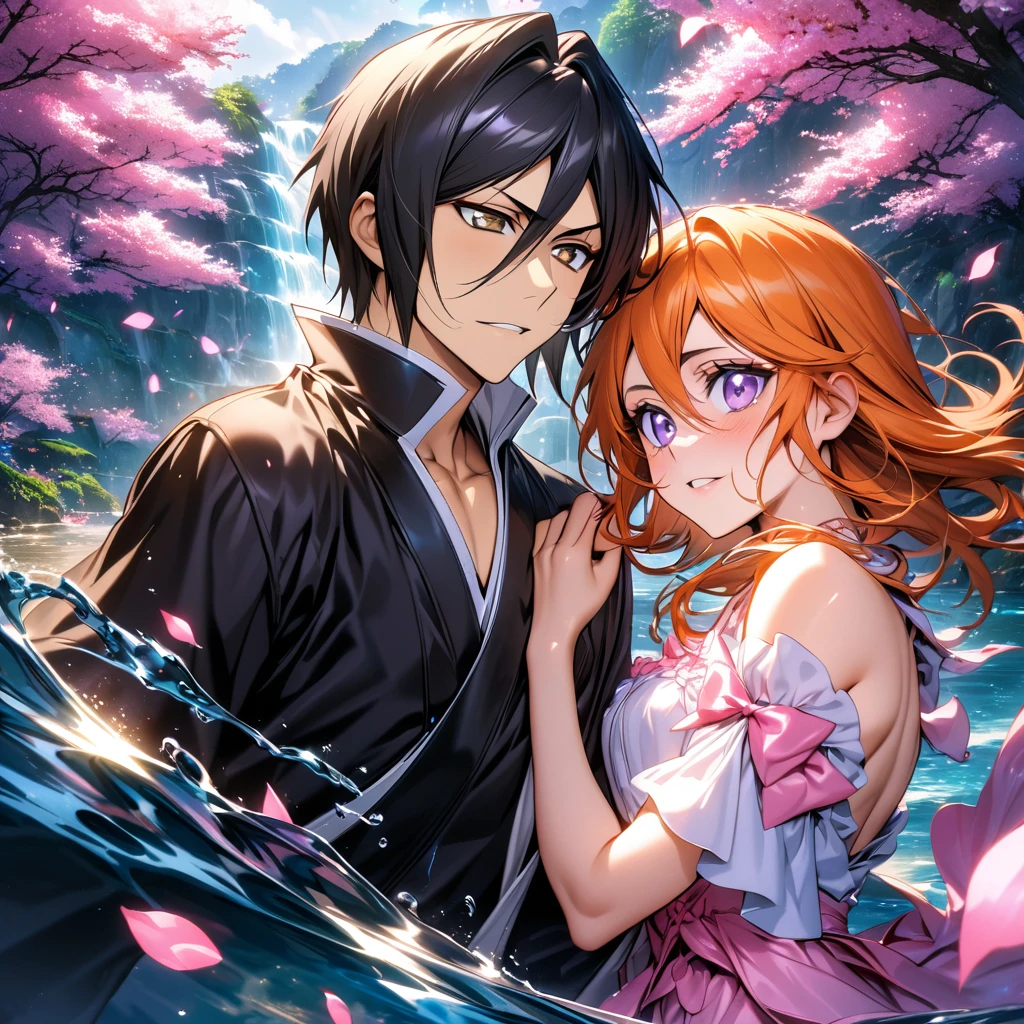 absurdres, highres, ultra detailed, HDR, master piece, best quality, Kurosaki Ichigo, orange hair, expressive brown eyes, Bleach, Kuchiki Rukia, black hair, expressive purple eyes, handsome man together with a beautiful woman, couple, black clothes, magical, fantasy, shining, water, pink flowers, blossoms, pink butterflies, pink petals