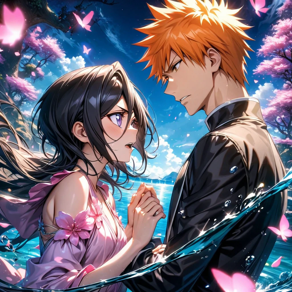 absurdres, highres, ultra detailed, HDR, master piece, best quality, Kurosaki Ichigo, orange hair, expressive brown eyes, Bleach, Kuchiki Rukia, black hair, expressive purple eyes, handsome man together with a beautiful woman, couple, black clothes, magical, fantasy, shining, water, pink flowers, blossoms, pink butterflies, pink petals
