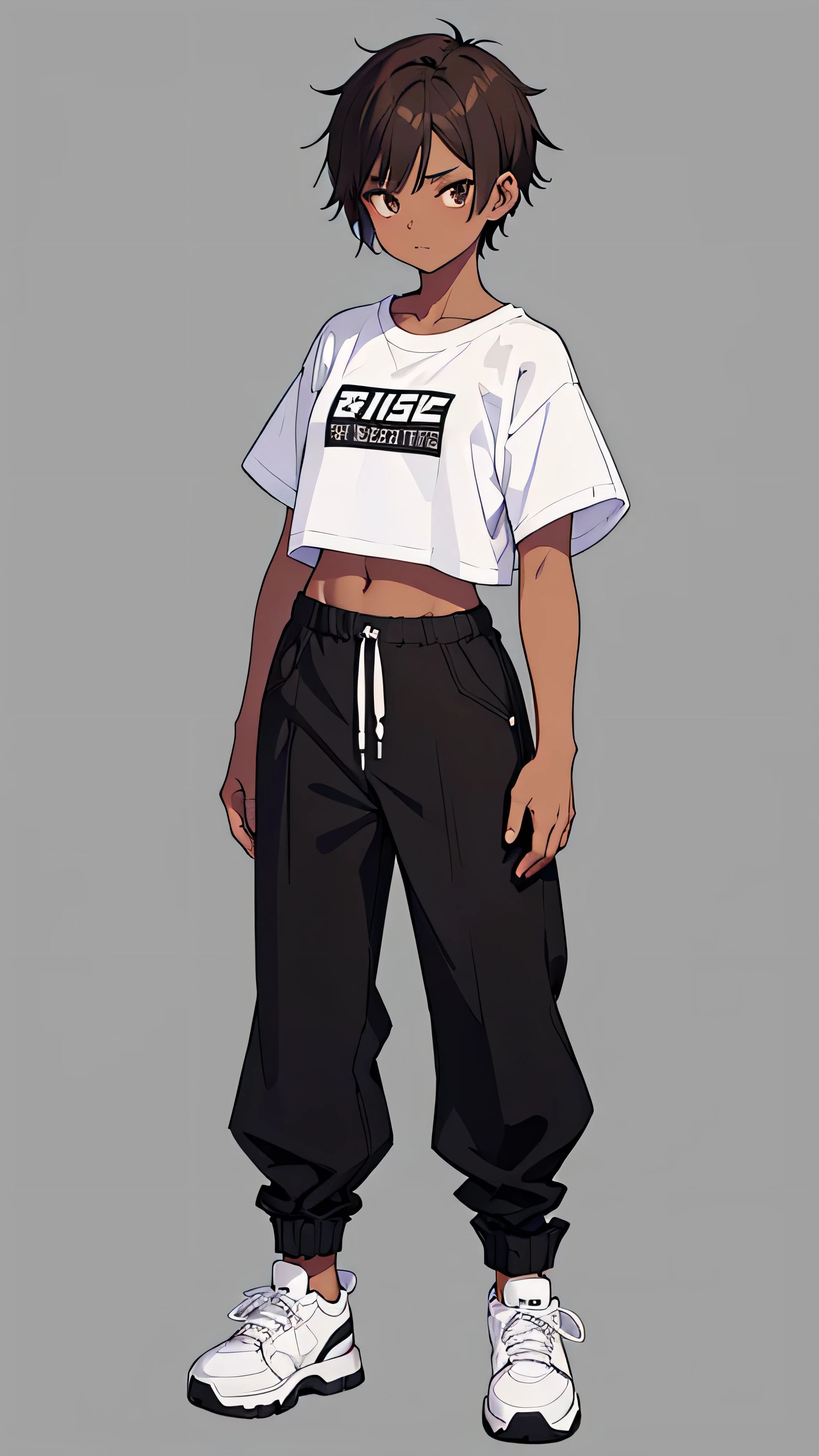 Brazilian girl, really short hair, tall, tomboy, dark-skinned, brown hair, grunge aesthetic, dark aesthetic, white crop-top, high-waisted black pants, white sneakers, stern, jujutsu kaisen, toned, full-body, reference art, standing
