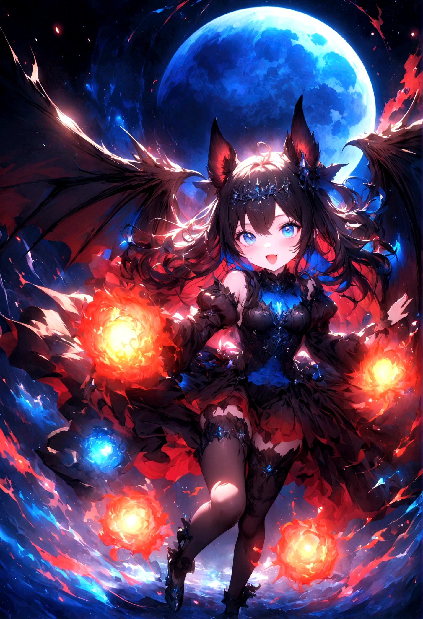 Marine Sailor、Sparkling blue eyes、beautiful目、Strong Eyes、Black wings、Black Crown、girl、whole body、Black Hair、Cute black cat ears、beautiful青い目、Black Crown、Black and blue vampire wings、Glare、Also々funny Face、beautiful、blue Moon、Lots of shining light、gem、Lots of blue light、Fantasy black cat,AmbiLight,The colors are vivid and bright,Black background,haze,Detailed Description,Rich details,An explosion of imagination,Surreal,Ultra-realistic,masterpiece,8k,Light,Tyndall effect