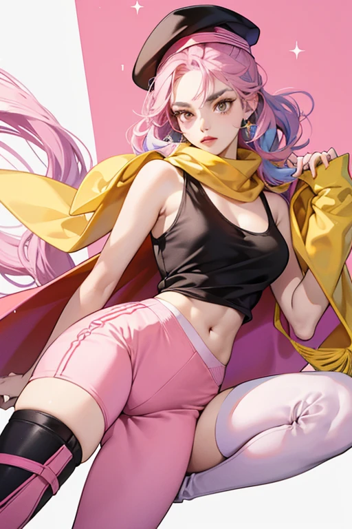 SHE has yellow skin, light purple lips, pink cheeks, and round dark eyes. SHe has short light blue hair, and dark triangular eyebrows. SHe wears a pink cap with a yellow pom-pom, pale pink glasses over hER cap, a long wavy red scarf, a black tank top, pale pink pants, and red thigh-high boots or tights. SPARKLE; GLITTER