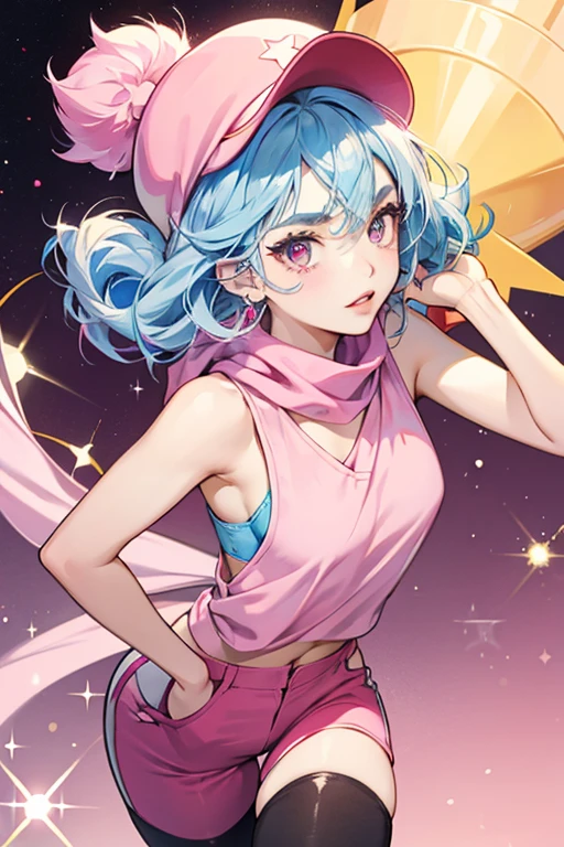 SHE has yellow skin, light purple lips, pink cheeks, and round dark eyes. SHe has short light blue hair, and dark triangular eyebrows. SHe wears a pink cap with a yellow pom-pom, pale pink glasses over hER cap, a long wavy red scarf, a black tank top, pale pink pants, and red thigh-high boots or tights. SPARKLE; GLITTER