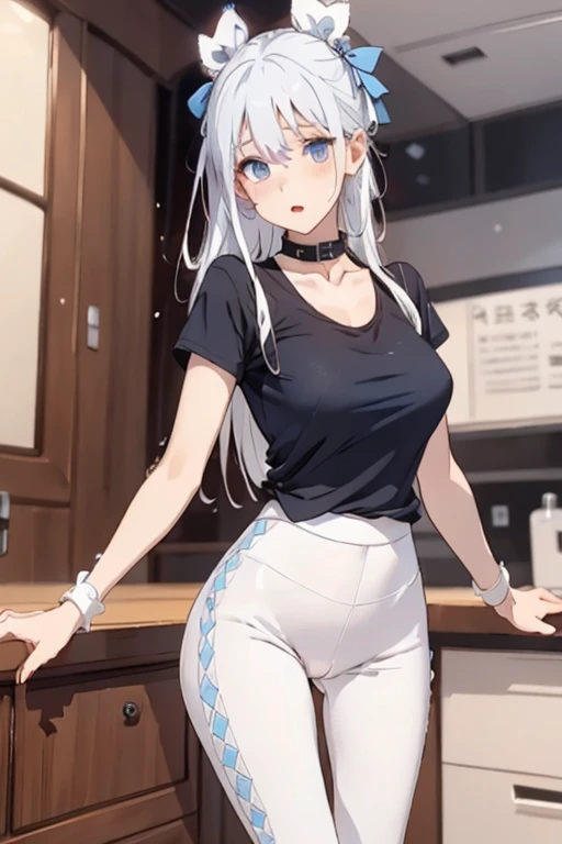 whitelong straight hair, pretty , blue eye, collar, white skin, shy, best quality, young, short, tight white leggings, black t-shirt, cute