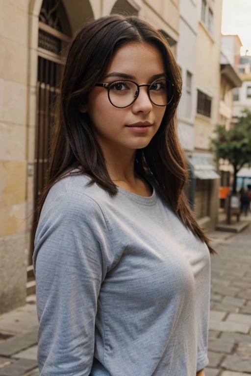 Chica con lentes posando para una foto en la universidad