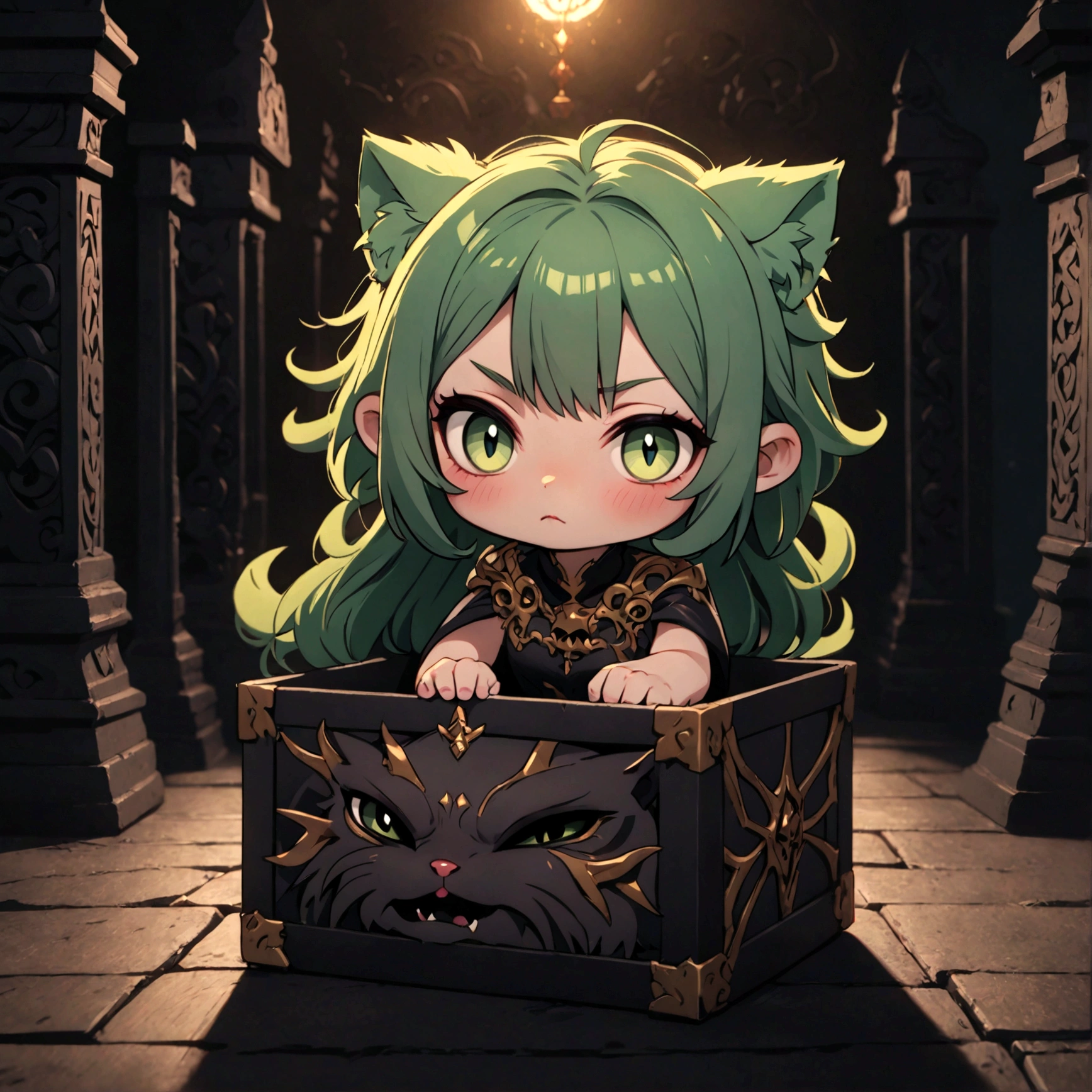 a cute sleepy cat girl with green hair, demonic aesthetics, sitting in a demonic looking box, extremely detailed face and eyes, detailed intricate hair, intricate demonic design, dark fantasy, dramatic lighting, moody colors, cinematic composition, photorealistic, 8k, high quality, masterpiece