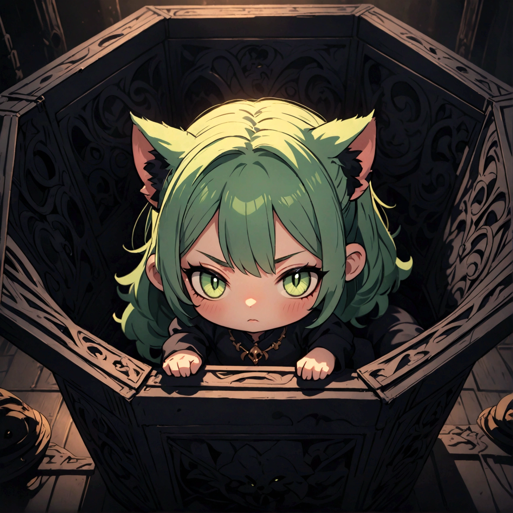 a cute sleepy cat girl with green hair, demonic aesthetics, sitting in a demonic looking box, extremely detailed face and eyes, detailed intricate hair, intricate demonic design, dark fantasy, dramatic lighting, moody colors, cinematic composition, photorealistic, 8k, high quality, masterpiece