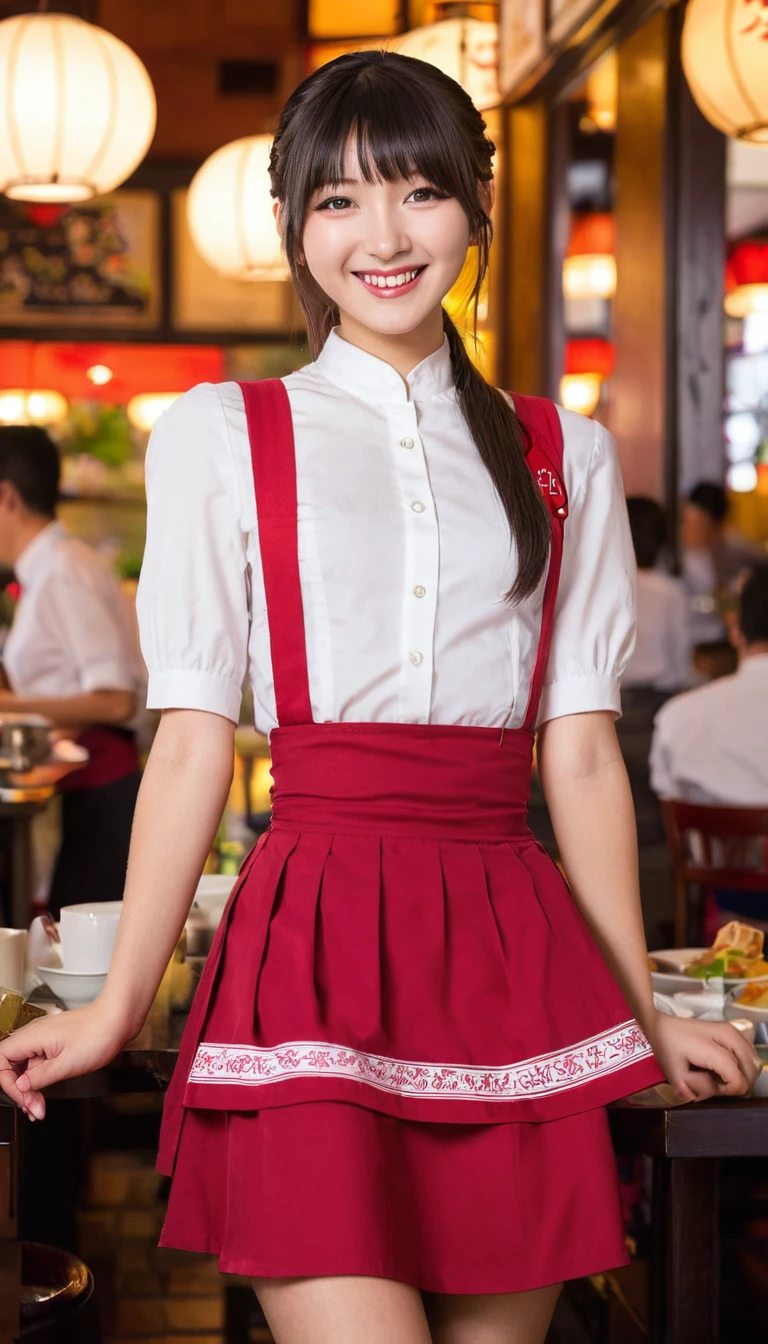 One Japanese girl,Huge breasts,alone,Anna Miller ,waitress,Name tag,High Waist Skirt,Red suspender skirt,apron,
From below,smile,  Mouth closed,restaurant,highest quality
 