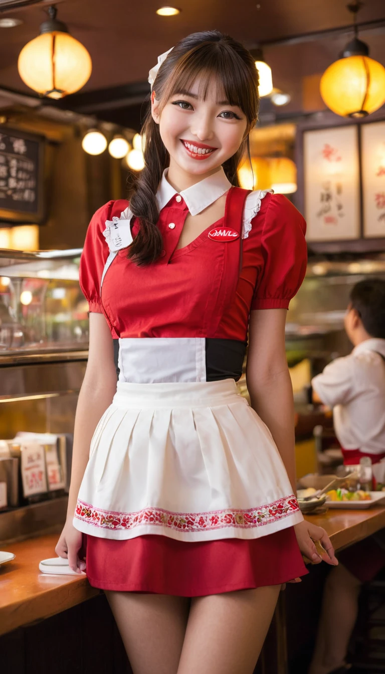 One Japanese girl,Huge breasts,alone,Anna Miller ,waitress,Name tag,High Waist Skirt,Red suspender skirt,apron,
From below,smile, Mouth closed,restaurant,highest quality