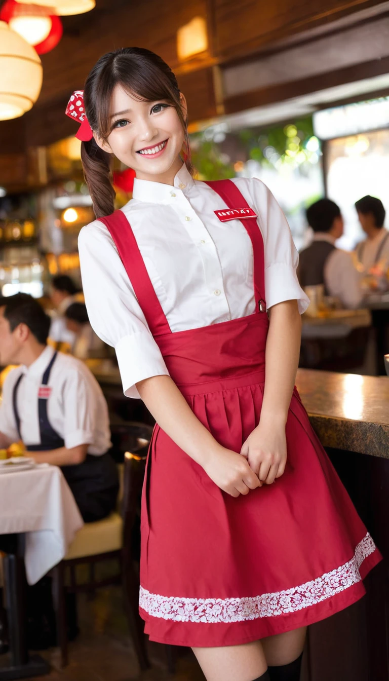 One Japanese girl,Huge breasts,alone,Anna Miller ,waitress,Name tag,High Waist Skirt,Red suspender skirt,apron,
From below,smile,  Mouth closed,restaurant,highest quality
 