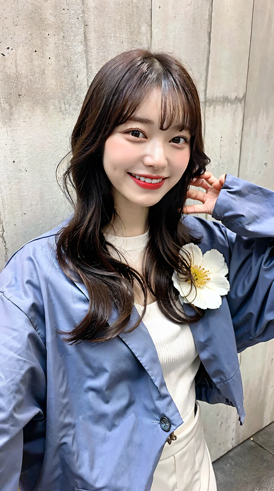 the highest quality, 1 beautiful woman, age 31, laughing, with flower, S, 35mm lens, F/1, Cowboy Shot, Concrete background, Tile background, Perm Hair, jacket,