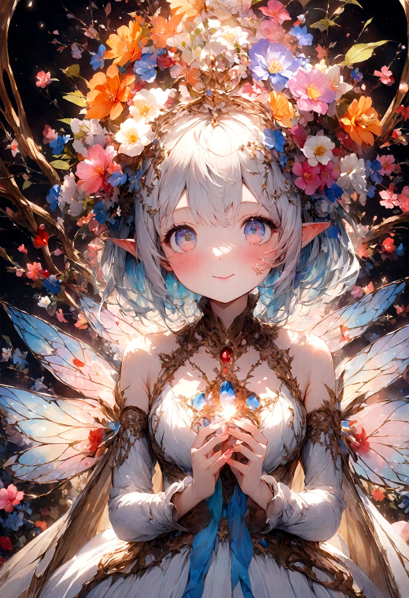 animal、Cute flower fairy、beautiful青い目のサキュバス、corolla、White fairy wings、Glare、Also々funny Face、beautiful、lake、Lots of white light、Fantasy Princess，Facial close-up enhancement，AmbiLight，The colors are vibrant and bright，Black background，mist，Detailed Description，Rich details，An explosion of imagination，Surreal，Ultra-realistic，masterpiece，8k，Light，Tyndall effect