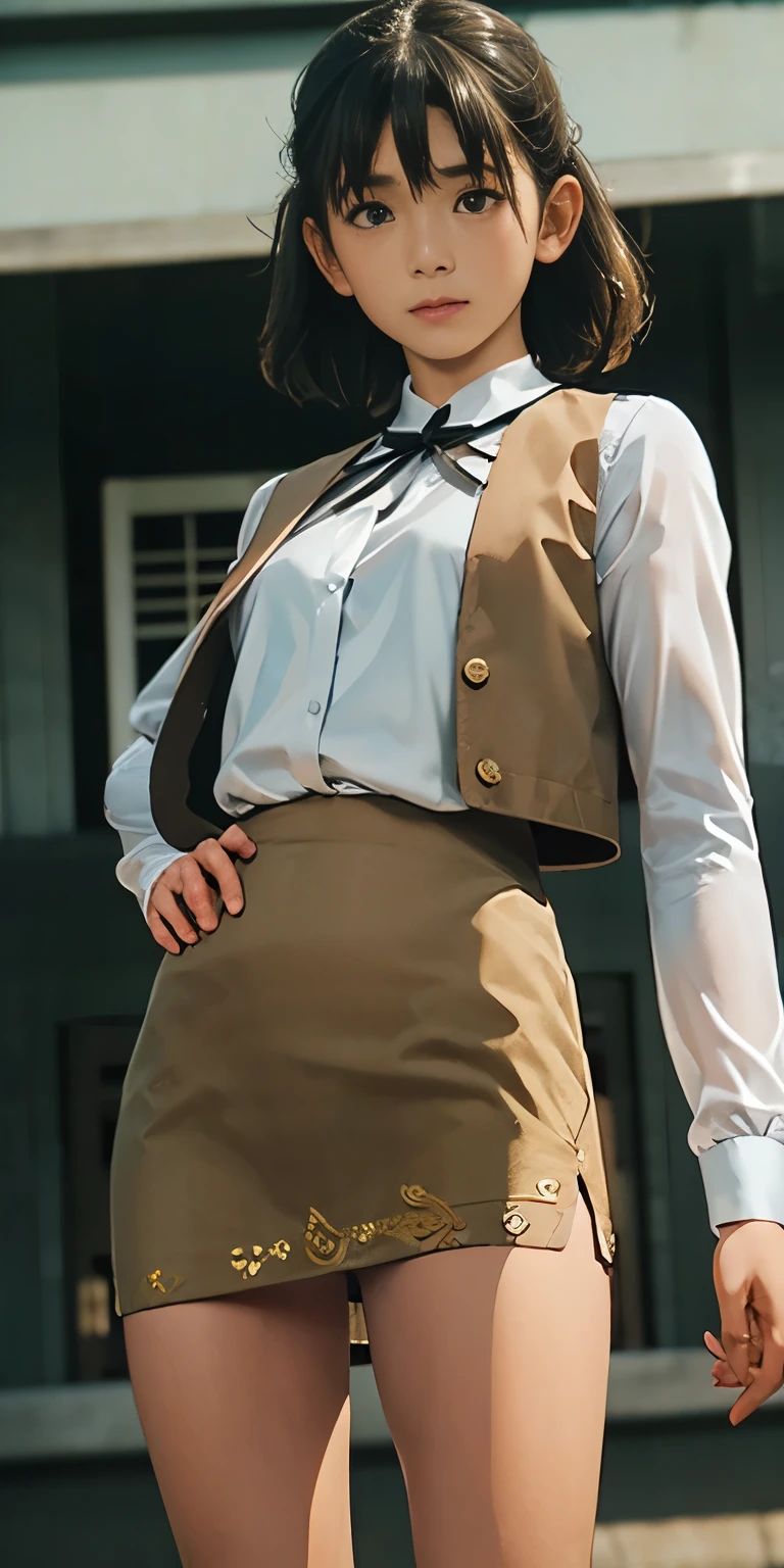 Ultra-realistic 8K CG,masterpiece,小顔のFemale Space Detective Annie、((Highly detailed background, Delicate pattern, Intricate details)),Brown mini skirt、Panchira action scene、Brown vest、Western-style fringed outfit、Ultra mini skirt、White shorts,Female Space Detective Annie、Brown mini skirt、White panties、High Kick、Spread your legs wide、White pantiesがよく見える、Female Space Detective Annie、立膝で股を開いてWhite pantiesが見えている、Beautiful boobs、居合いのポーズでWhite pantiesが見える、front、Beautiful thighs、highest quality,very detailed 顔,andても美しい目 and 顔,and