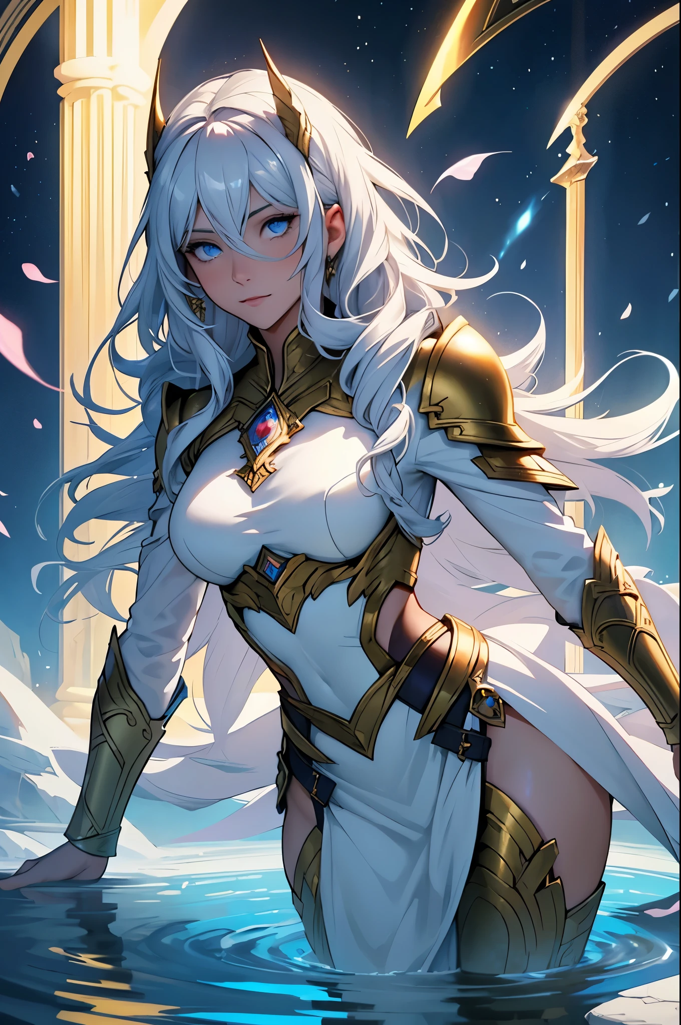 Create a high-fantasy character portrait of Ingrid Falk (Freya), a prominent member of the Order of Olympus. She has an oval face with high cheekbones and clear, luminous skin, like marble. Her delicate yet marked facial features radiate both beauty and determination. Her intense blue eyes have a warm, welcoming glow and a depth suggesting wisdom and power. Her long, golden, wavy hair falls in cascades over her shoulders and back, shining as if bathed in sunlight. Ingrid is athletic and slender, with smooth curves enhancing her elegance and strength. She wears an elegant light armor: gold plates and white leather with light blue details, and a velvet blue cloak adorned with Nordic runes. She is surrounded by a golden, ethereal aura with glimmers of light and floating petals, glowing warmly and brightly, reflecting her connection with Freya and her divine power.