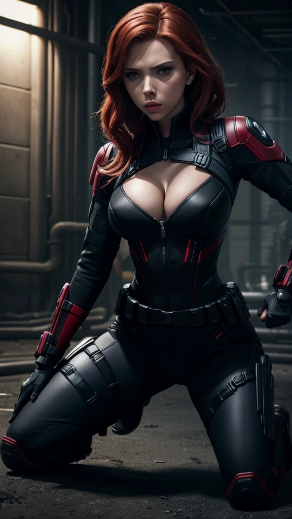 "Scarlett Johansson as Black Widow crouched low in a stealthy position, her eyes scanning the area for enemies. She is in her black tactical suit(cleavage showing), blending into the shadows. Her left hand is on the ground for balance, and her right hand is gripping a sleek, high-tech pistol. The background is a dimly lit, industrial facility with pipes and machinery."